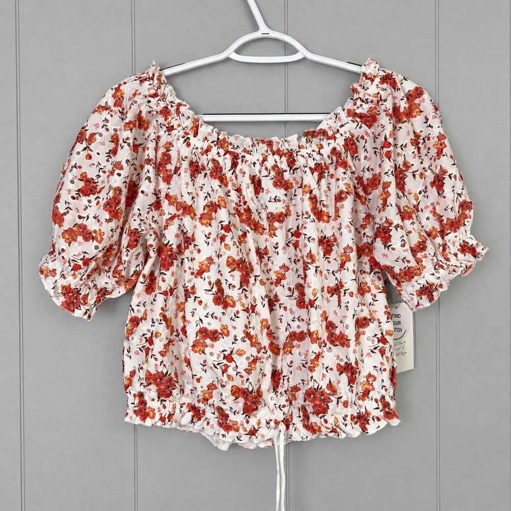 Eyelet Puff Sleeve Crop Blouse Women’s M Calligraphie NWT Cottagecore